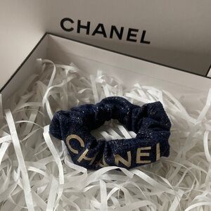CHANEL Denim with Gold Logo Hair Scrunchie